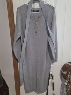 Light Gray Thermal Knit Button-Front Dress With Belt